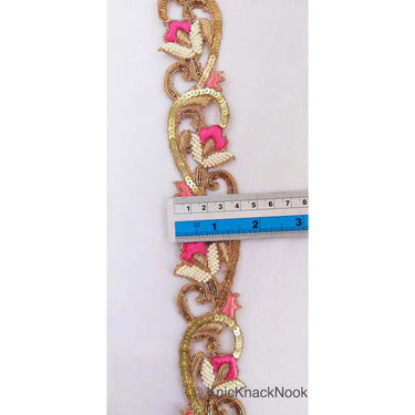 Wholesale Hand Embroidered Lace Trim, Pink Floral Embroidery, Beaded In Off White Seed Beads & Bugle Beads